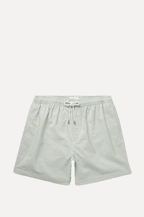 Straight-Leg Mid-Length Striped Seersucker Swim Shorts