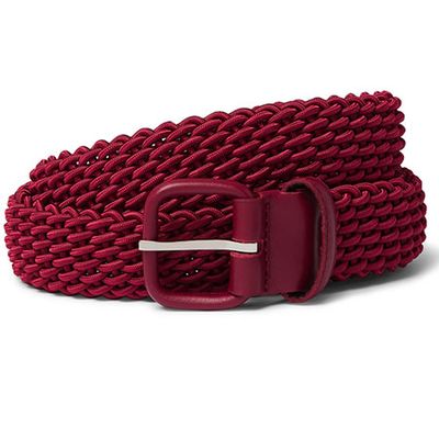 Burgundy Leather-Trimmed Woven Elastic Belt from Chavret