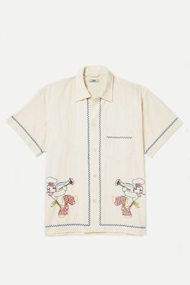 Camp-Collar Embroidered Herringbone Linen and Cotton-Blend Shirt from Bode