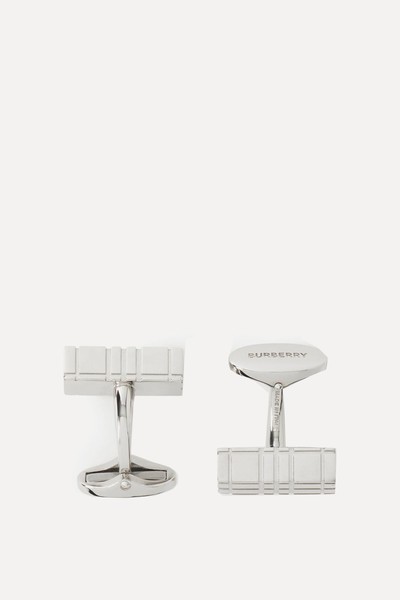 Check Engraved Palladium-Plated Cufflinks from Burberry