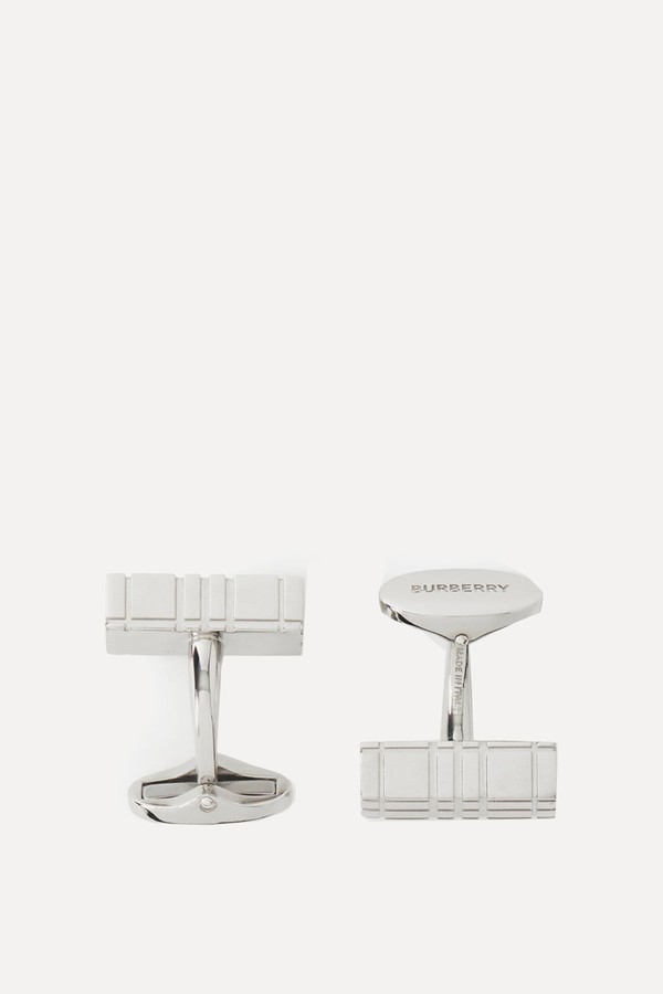 Check Engraved Palladium-Plated Cufflinks from Burberry