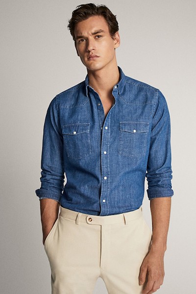 Slim Fit Denim Cotton Shirt With Double Pockets