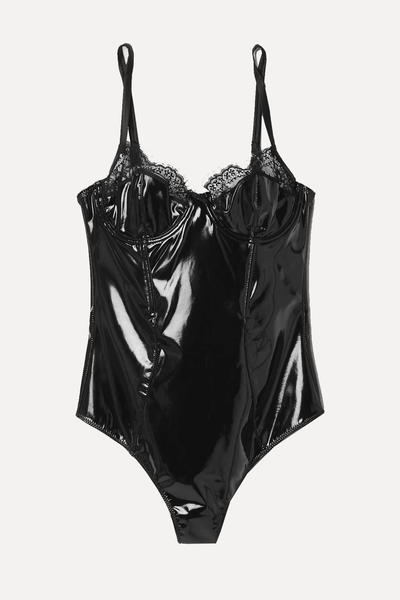 Frankie Lace-Trimmed Vinyl Thong Bodysuit from Fleur Du Mal