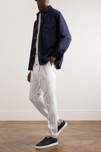 Straight-Leg Striped Cotton-Poplin Drawstring Trousers from Brunello Cucinelli