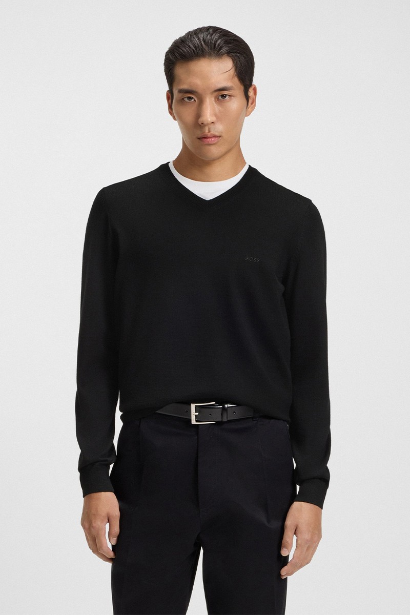 V-Neck Sweater In Virgin Wool With Embroidered Logo from Boss