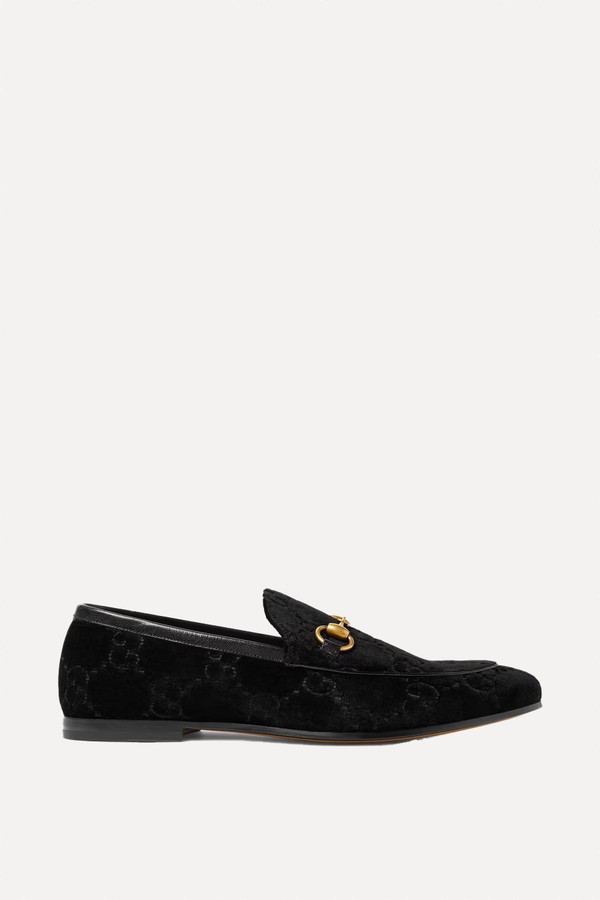 Jordaan Horsebit Leather-Trimmed Logo-Embroidered Velvet Loafers from GUCCI