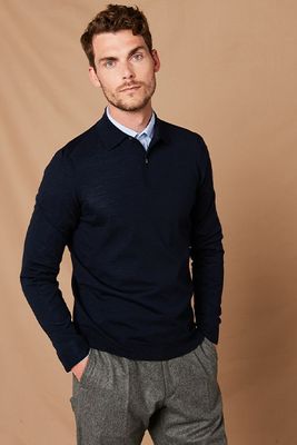 Navy Merino Buttoned Wool Polo