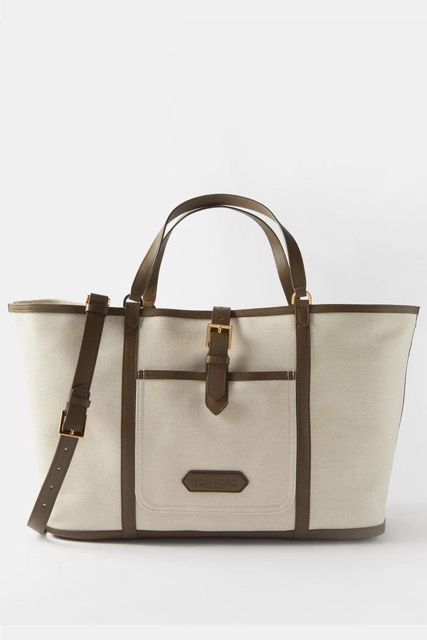 East West Canvas Leather-Trim Tote Bag from TOM FORD