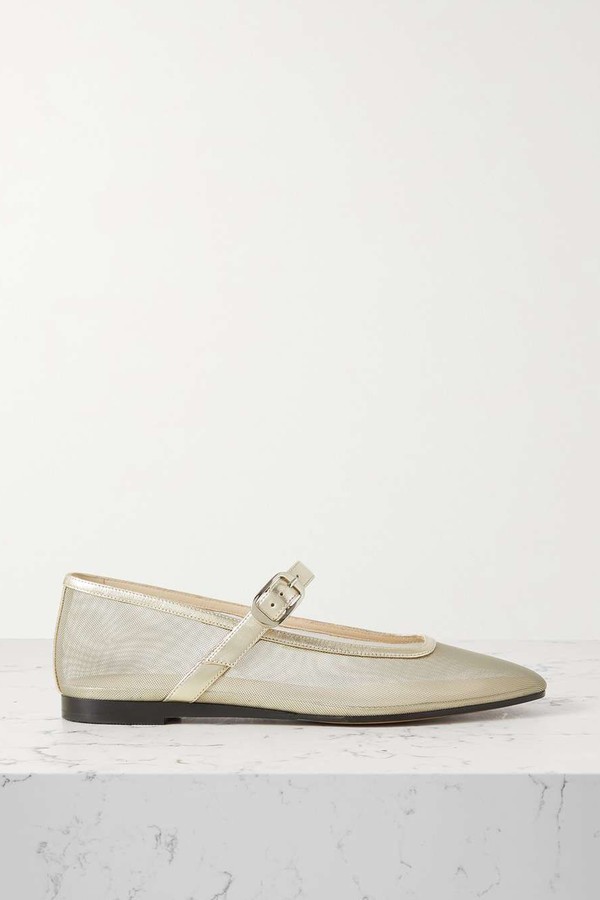 Metallic Leather-Trimmed Mesh Mary Jane Ballet Flats from Le Monde Beryl