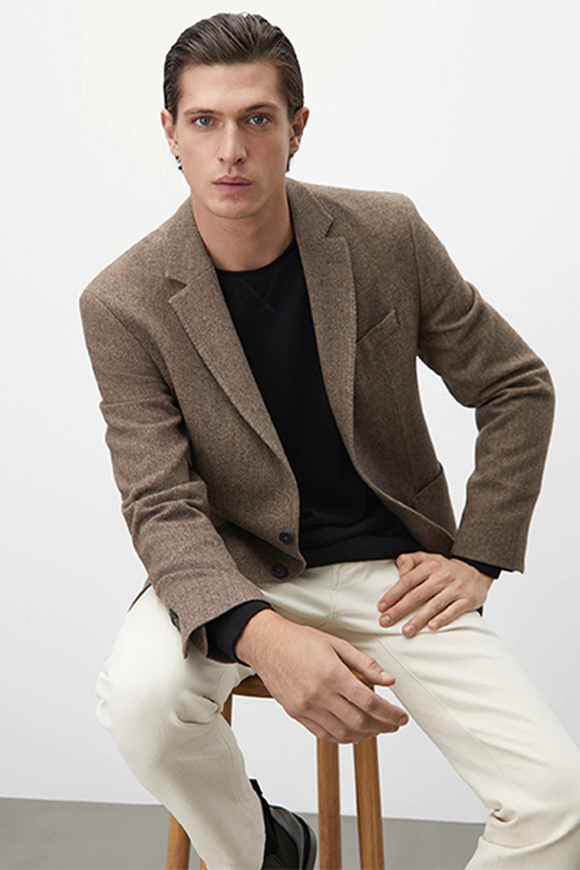 100% Wool Herringbone Blazer, Beige from Massimo Dutti