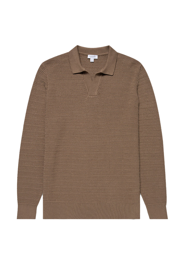 Long Sleeve Textured Cotton Polo Shirt from Sunspel
