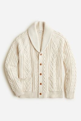 Cotton Cable-Knit Shawl-Collar Cardigan Sweater 