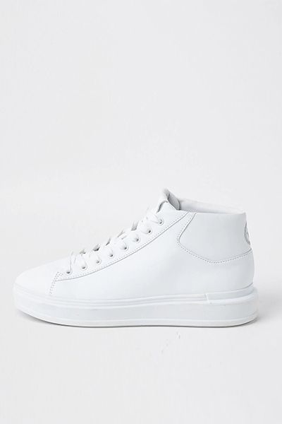 White Faux Leather Lace Mid Top Trainers