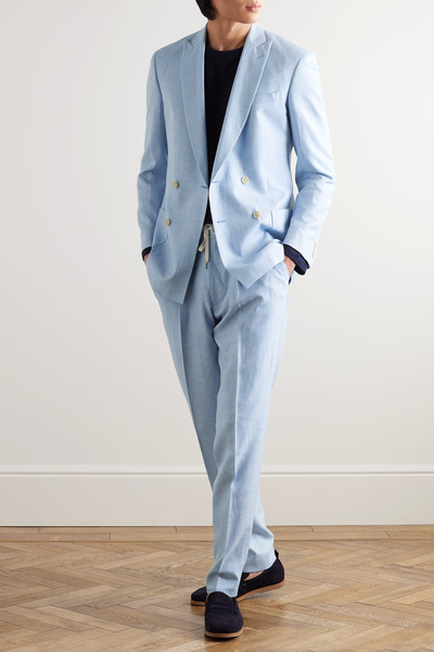 Double Breasted Virgin Wool Linen & Silk Blend Suit Jacket from Mr P.