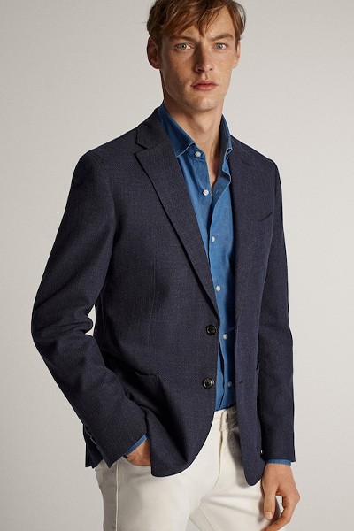 Slim Fit Navy Mélange Cotton Blazer