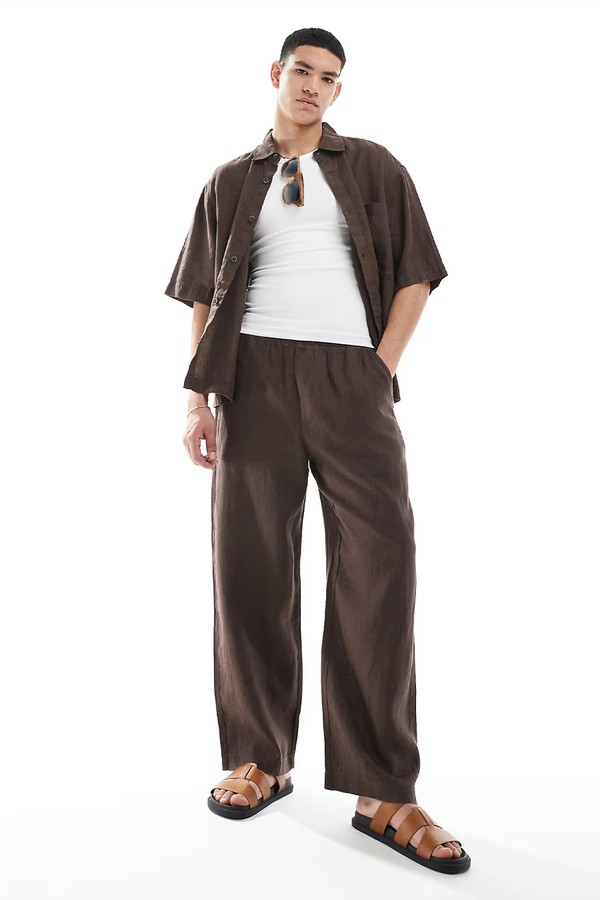 100% Linen Wide Leg Co-Ord Trousers from Pull&Bear