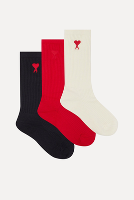 Pack Of Three Logo Organic Cotton Blend Socks from Ami
