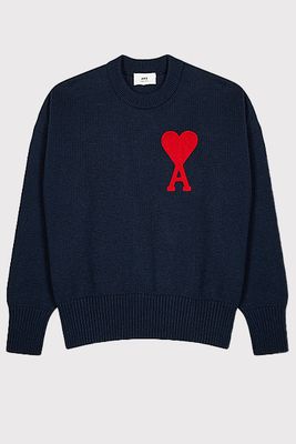 Navy Logo Embroidered Cotton Blend Jumper from AMI Paris
