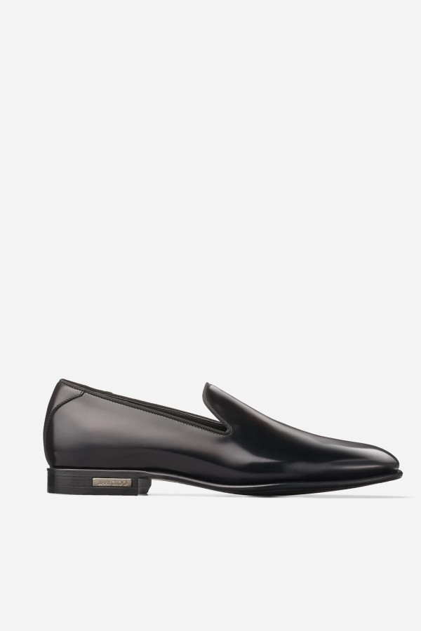 Thame Black Shiny Calf Leather Slipper 