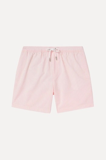 Straight-Leg Mid-Length Striped Seersucker Swim Shorts  from Mr P.