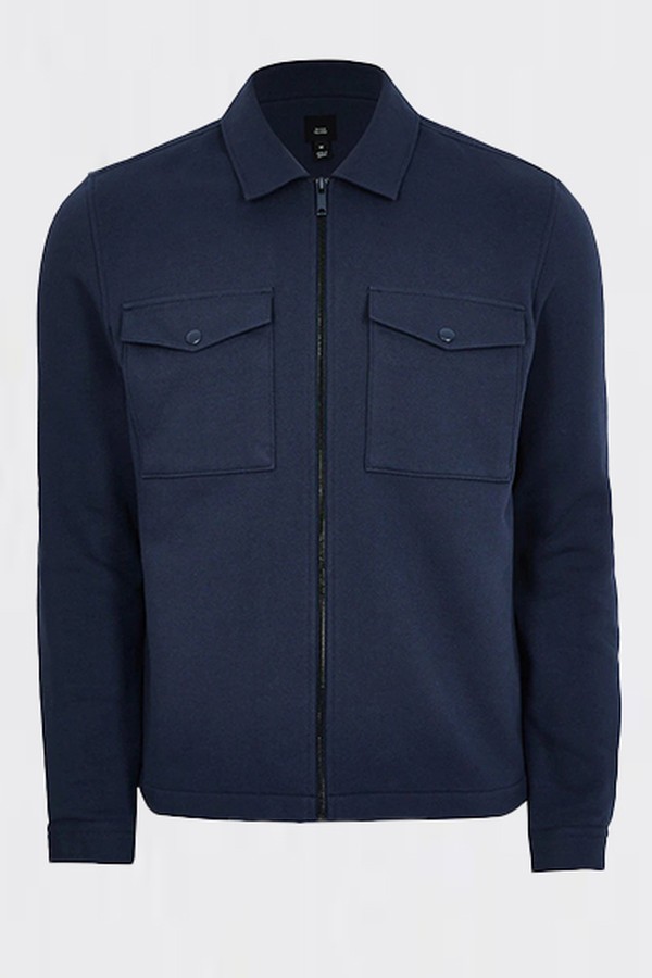 Navy Zip Front Long Sleeve Shacket