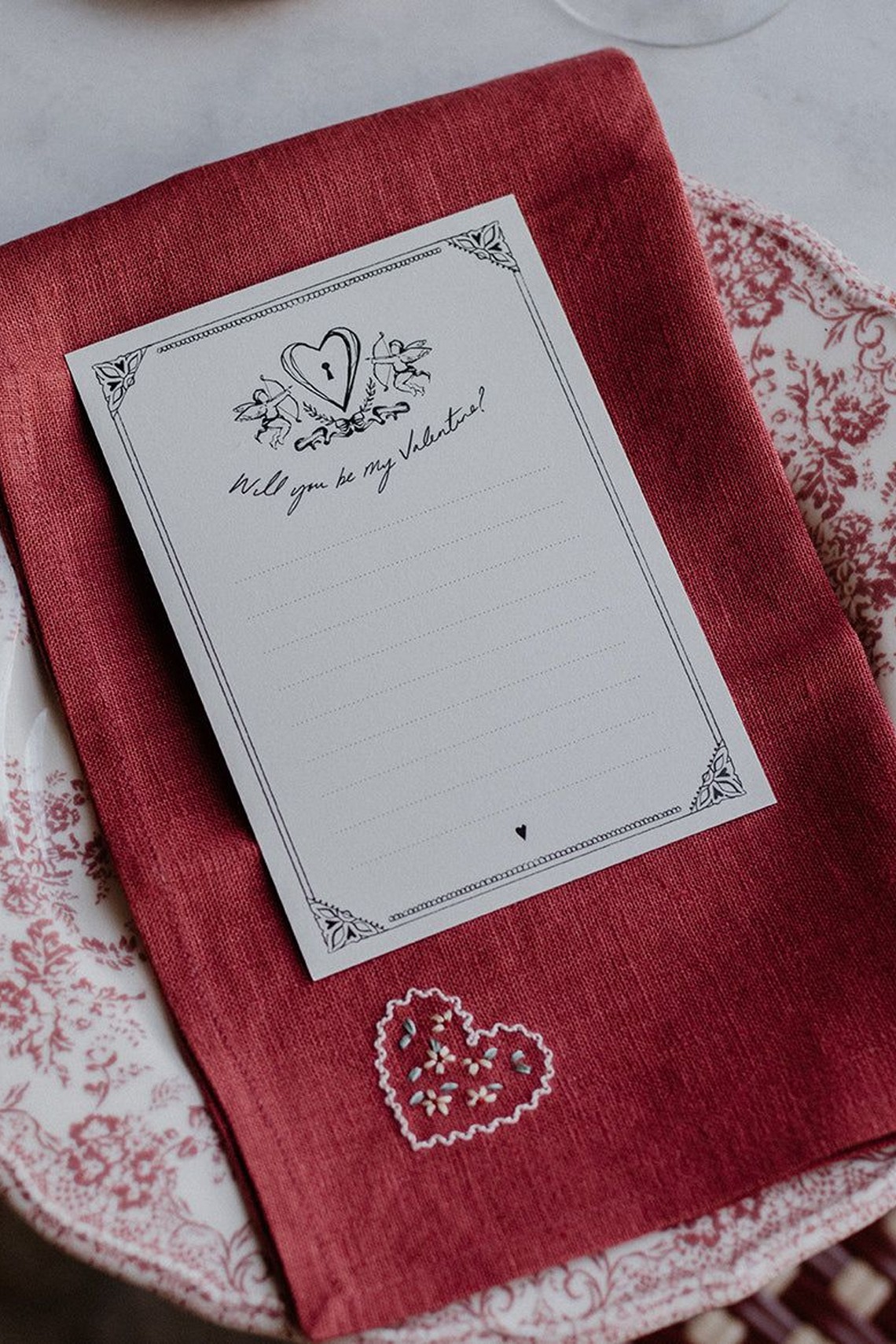 Love Heart Hand Embroidered Raspberry Napkins from Rosita Studio