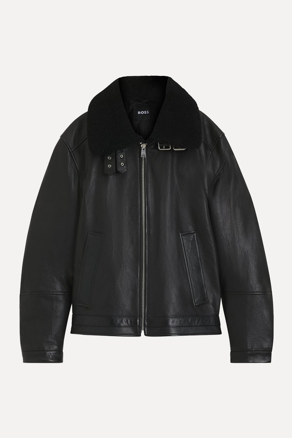 Leather Jacket With Shearling Collar from Boss