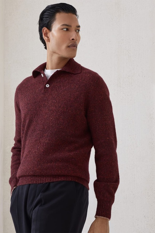 Flecked Alpaca, Wool, Silk & Cotton Knit Polo Shirt from Brunello Cucinelli