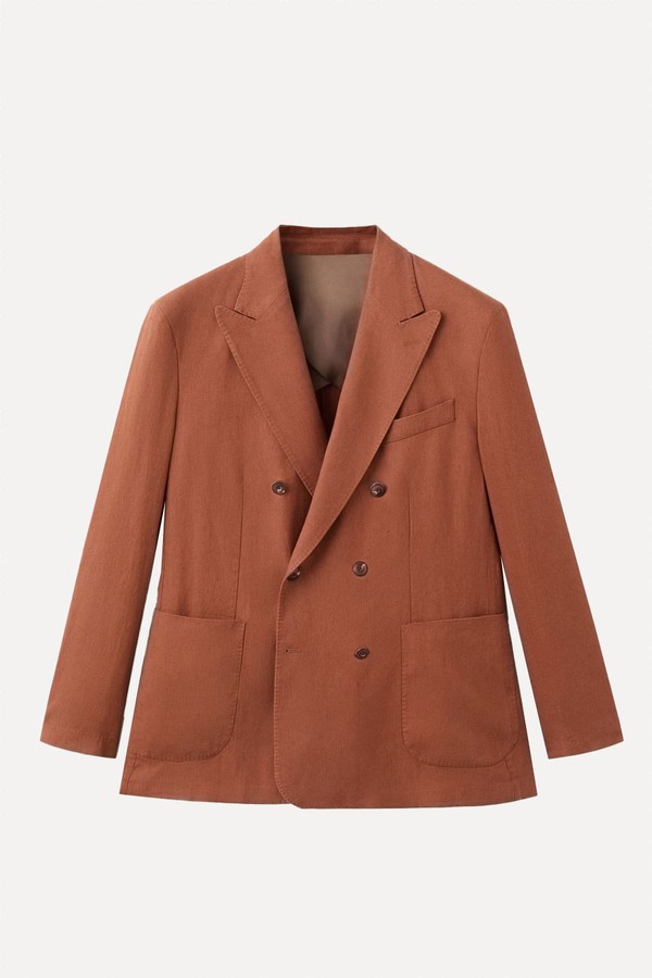 Slim Fit Double-Breasted Linen Blend Jacket