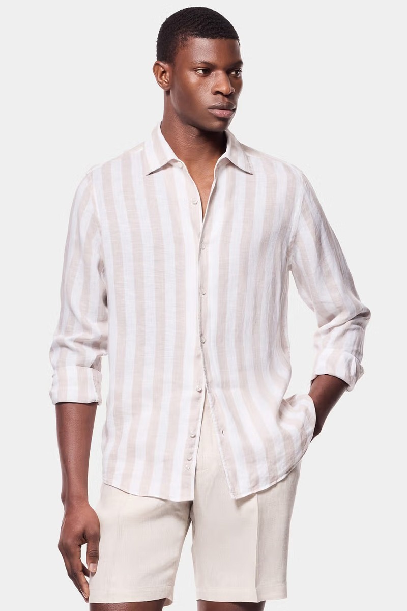 Slim Fit Natural & White Wide Stripe Linen Shirt
