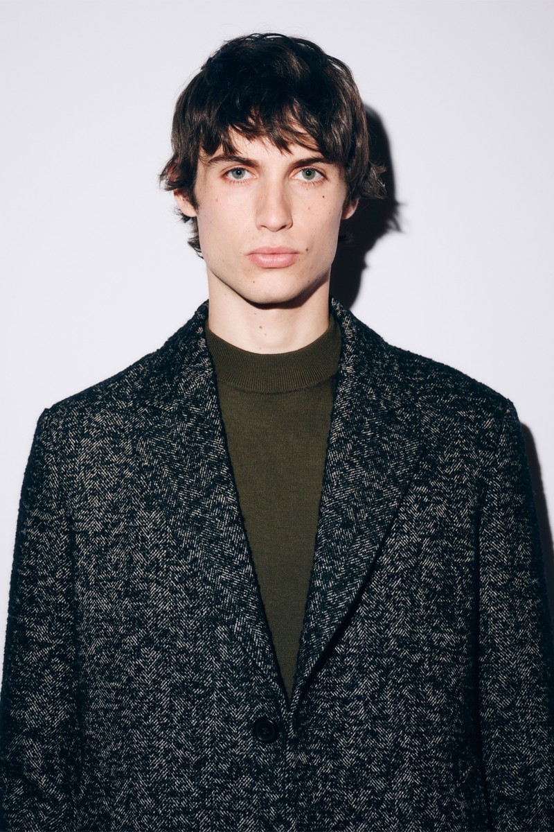 Autograph Wool Blend Herringbone Boucle Revere Overcoat