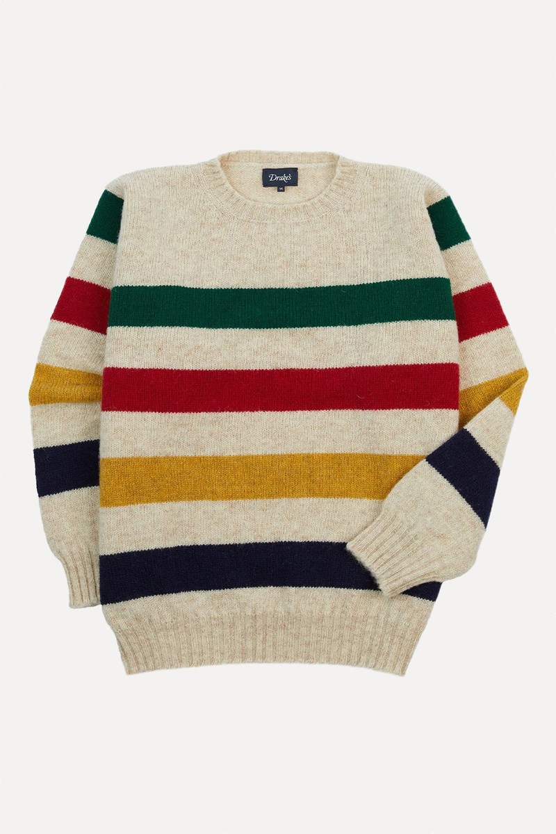 Multi Thick Stripe Brushed Shetland Crew Neck Jumper from Drake’s