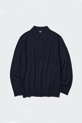 Extra Fine Merino Knitted Long Sleeve Polo Shirt