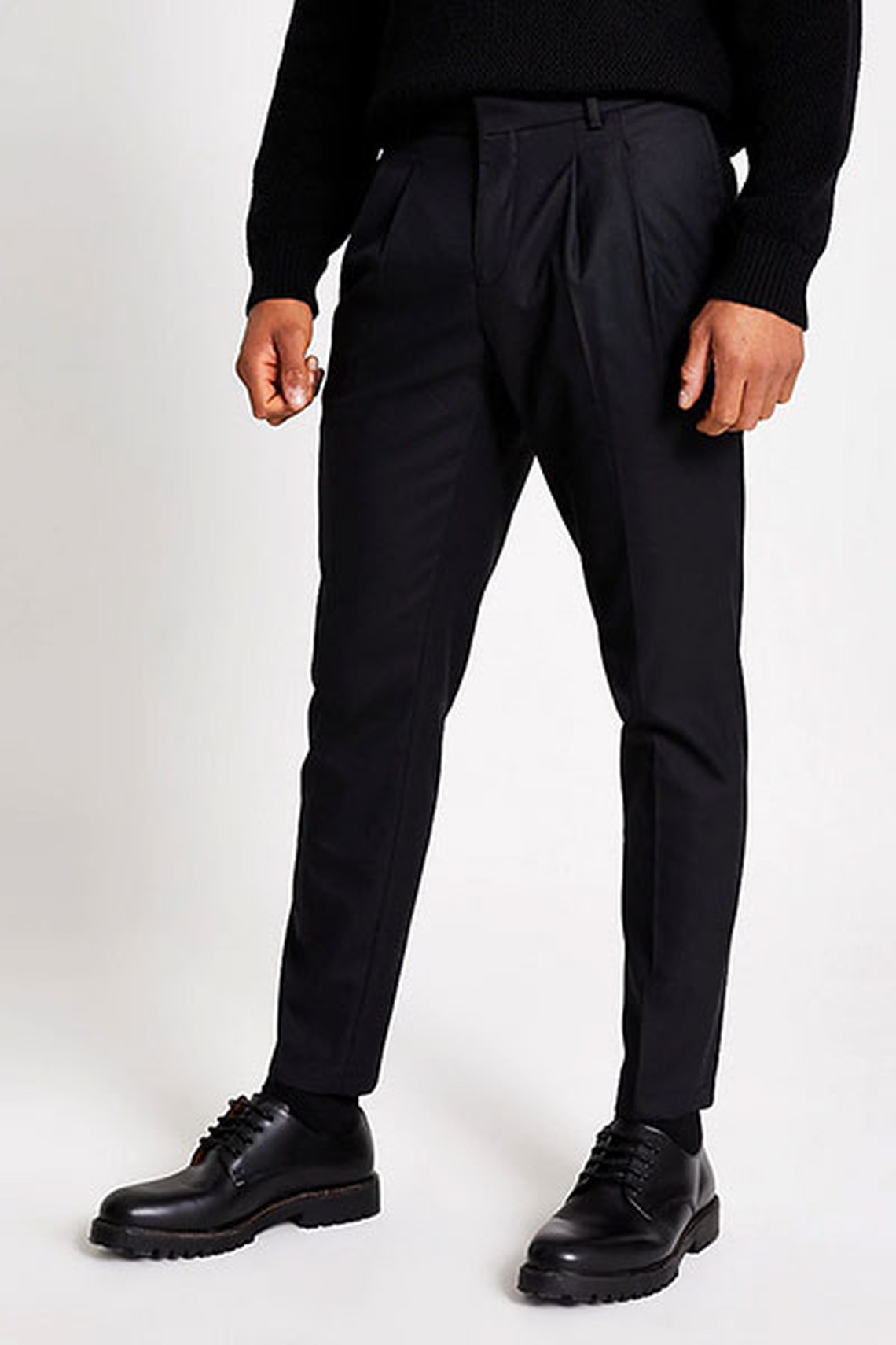 Black double pleated skinny tapered trousers