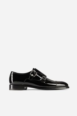 Finnion Monkstrap Black Patent Leather Monk Strap Shoes With Studs