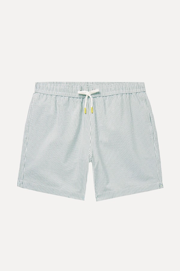 Straight Leg Mid Length Striped Recycled Seersucker Swim Shorts from Hartford