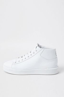 White Faux Leather Lace Mid Top Trainers