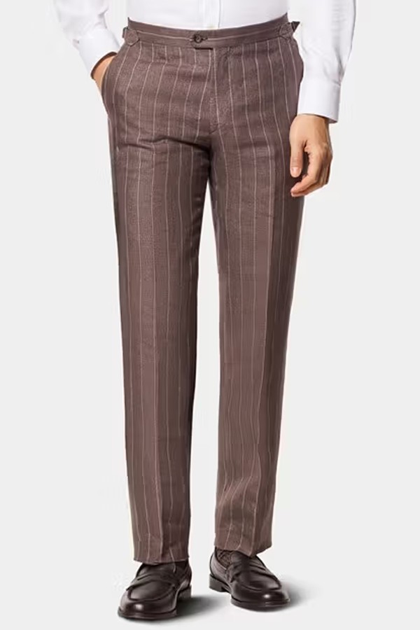 Tailored Fit Dark Brown Stripe 1913 Linen Suit Trousers With Side Adjusters