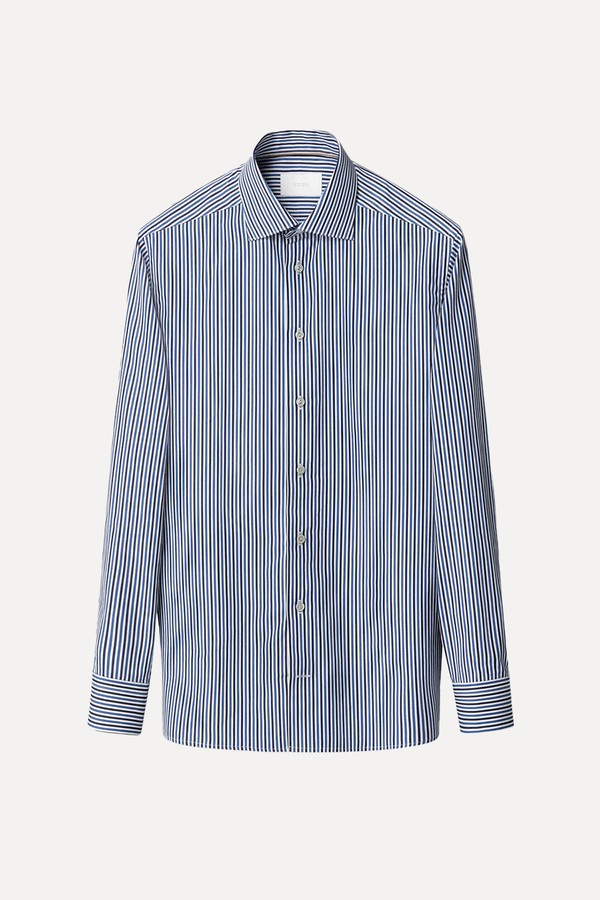 X from Striped Supima 120 Poplin Shirt, $395 | Eton