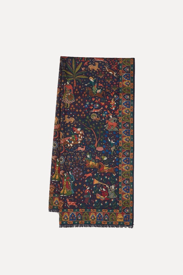 Mughal Hunter Print Wool-Silk Scarf from Drake's