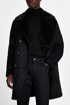 Black Suedette Shearling Peacoat