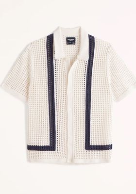 Crochet Border Stripe Button-Through Sweater Polo