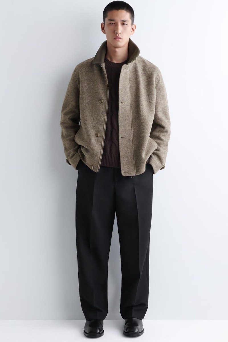 Ribbed-Collar Boiled-Wool Jacket