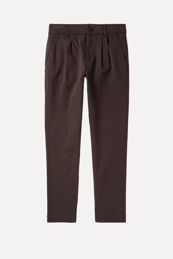 Tapered Pleated Garment-Dyed Cotton-Blend Twill Trousers