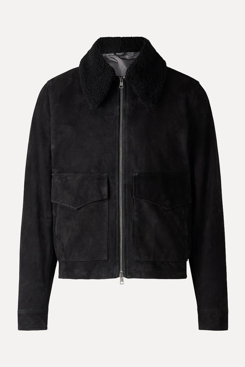 Shearling-Trimmed Suede Bomber Jacket from J Mueser