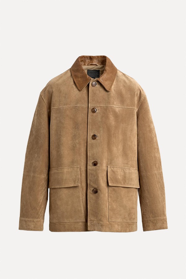 Contrast Collar Leather Split Suede Jacket