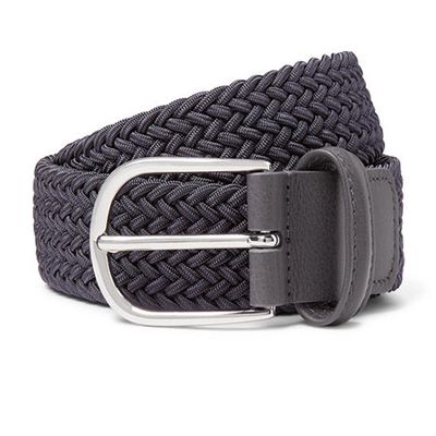 Dark-Grey Leather-Trimmed Woven Elastic Belt from Anderson's