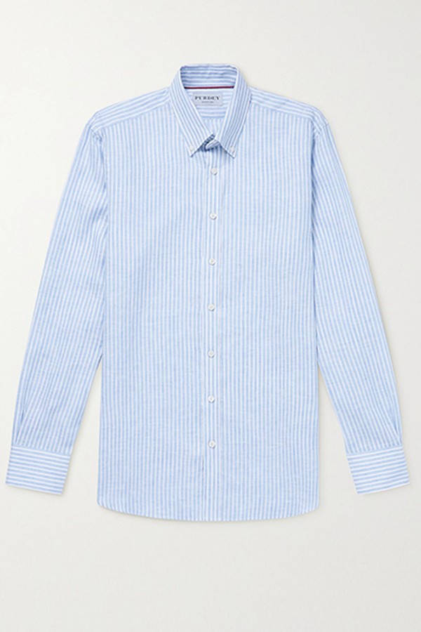 Button Down Collar Striped Linen Shirt from Purdey