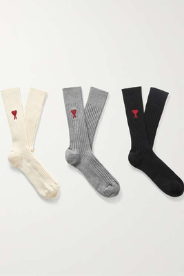 Three-Pack Logo-Embroidered Ribbed Cotton-Blend Socks from Ami Paris