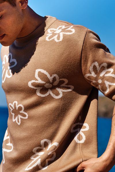 Flower Print Short Sleeve Knitted Crew Jumper